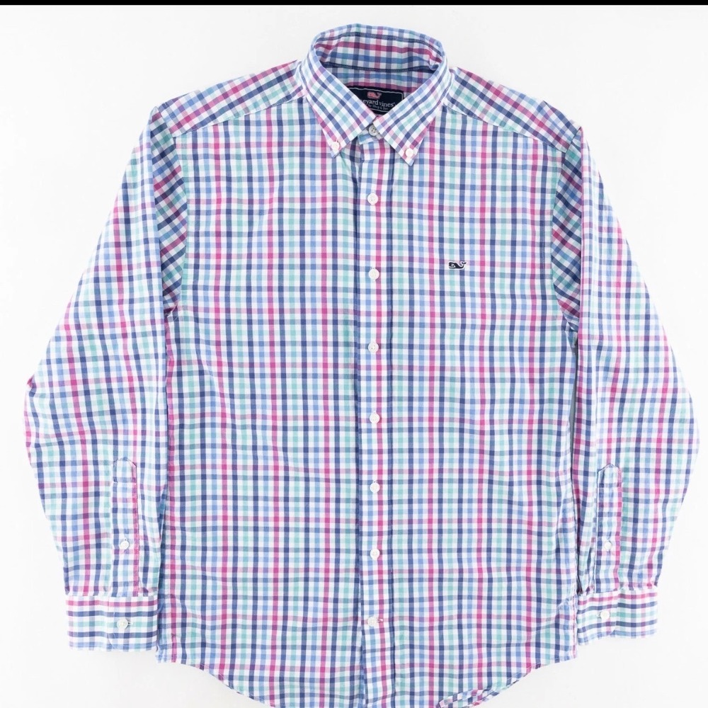 Vineyard Vines Button Down Small Blue Pink Plaid Slim Fit Whale Shirt PreLoved